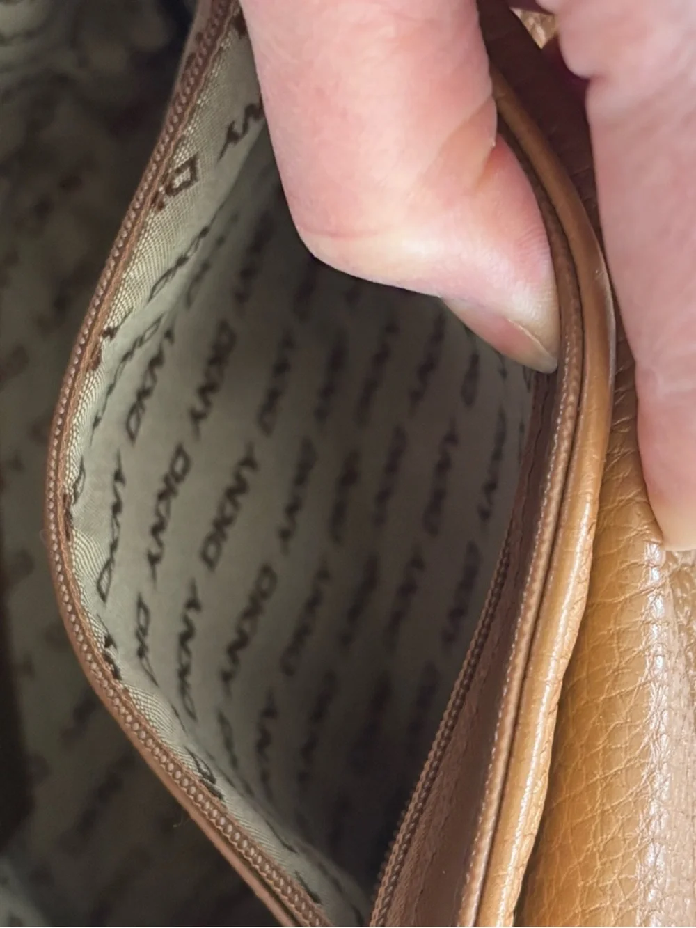 DKNY Tan Pebbled Leather Crossbody with Chain-Detail Strap - Picture 8 of 10